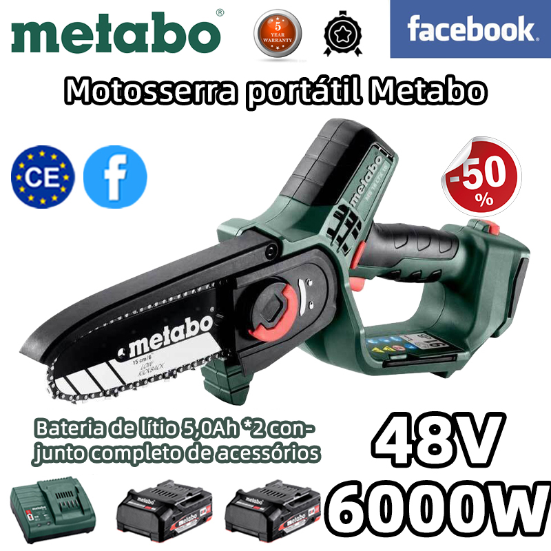 [Comprimento da placa guia: 6 polegadas] Motosserra elétrica de lítio de 6000 W com bateria de lítio 48 V / 5,0 Ah * 2, carregador, placa guia, corrente * 2, caixa de ferramentas